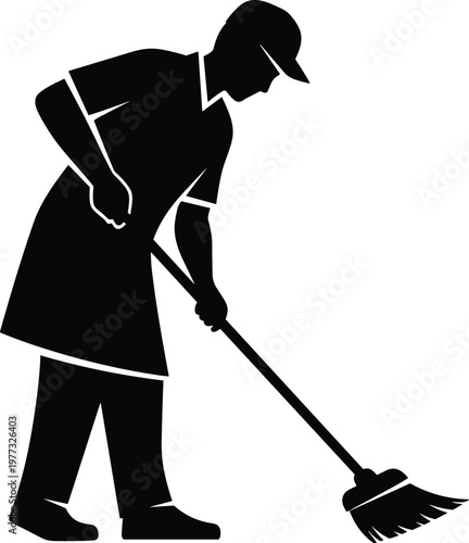 Cleaner sweeping floor silhouette, housekeeping and sanitation concept, janitor work, cleaning service, hygiene maintenance, domestic worker illustration, professional cleaning activity scene