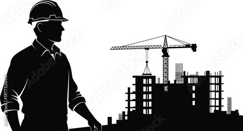 Construction engineer silhouette with building site and crane, real estate development concept, architecture industry work, infrastructure project planning, urban construction illustration scene
