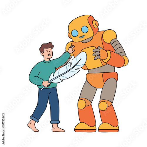 Boy Tickling Giant Robot with Feather.