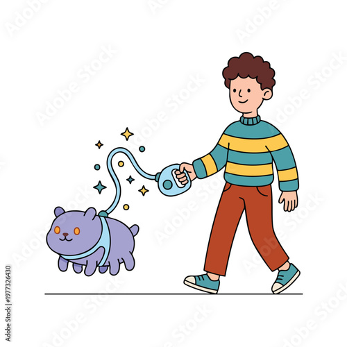 Boy walking a cute purple cartoon dog on a leash.