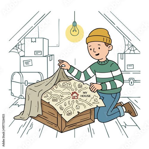Boy Uncovers Treasure Map in Attic.