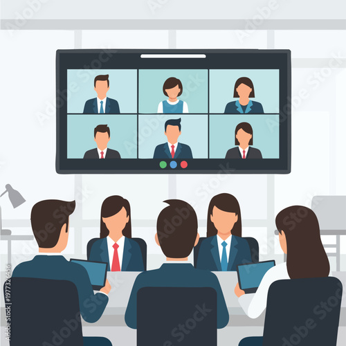 Business meeting with video conference participants on screen.