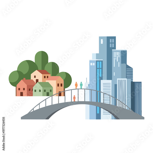 Bridge Connecting Residential Area to Modern Cityscape.