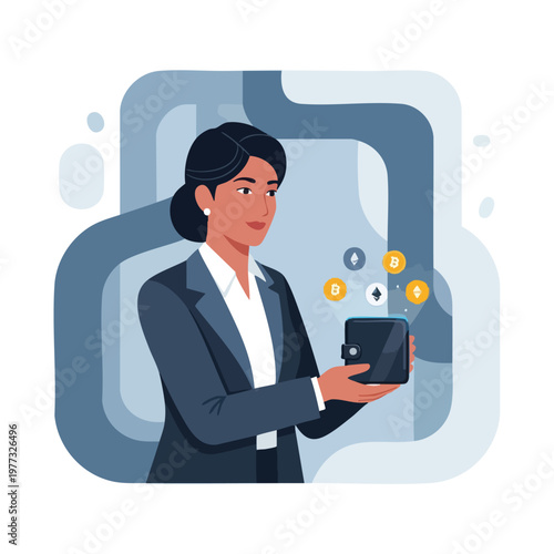 Businesswoman holding wallet with coins flying out.
