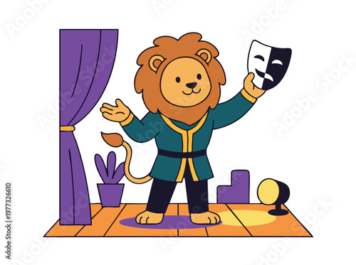 Cartoon Lion Actor Holding Theater Masks on Stage.