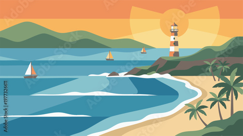 Stylized Coastal View with Lighthouse, Beach, and Ocean at Sunset