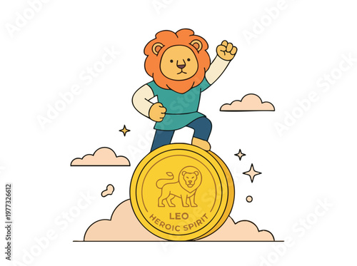 Cartoon Leo Zodiac Character Standing on Gold Coin.