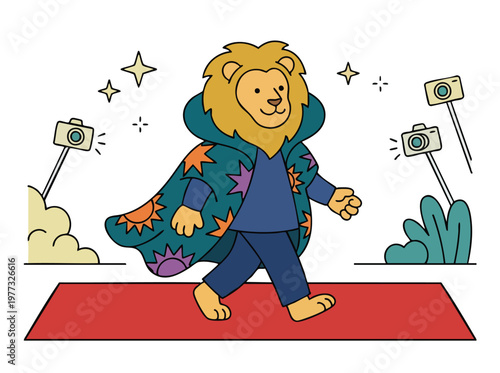 Cartoon Lion Walking on Red Carpet with Cameras.