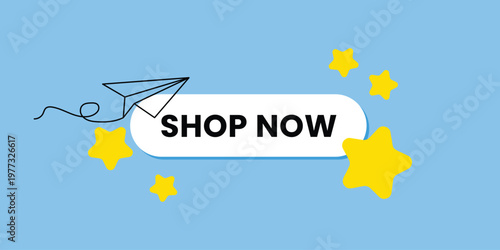 Shop Now call to action button with paper plane and yellow stars. Vector promotional web banner element for e-commerce, sales, and online marketing campaigns. Vector Illustration.