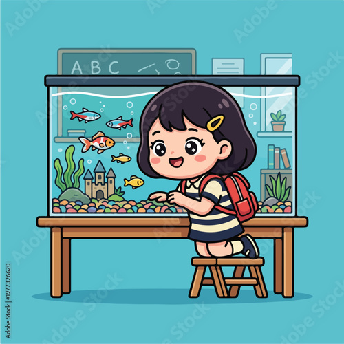 Girl looking at fish tank.