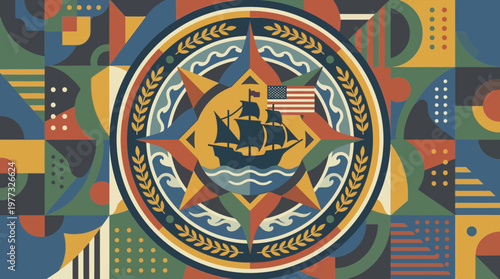 Geometric American Maritime Emblem with Sailing Ship and Flag