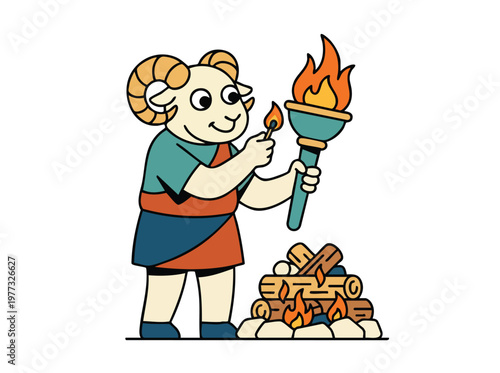 Cartoon ram lighting a campfire with a torch.