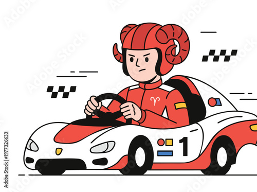Cartoon Racer in Go Kart Wearing Ram Helmet.