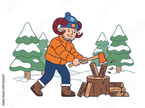 Cartoon Ram Character Chopping Wood in Snowy Forest.