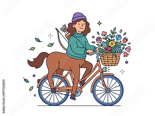 Centaur Woman Riding Bicycle with Flowers.