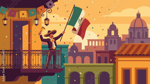 Mexico Independence Day Celebration with Flag and Bell Illustration