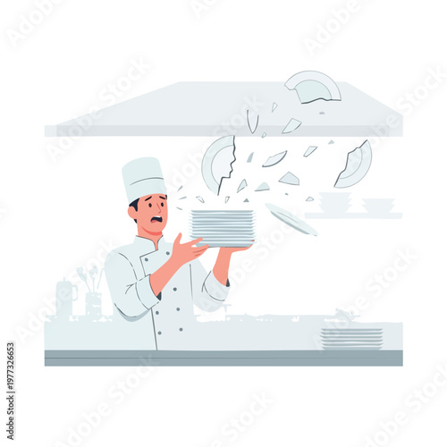 Chef dropping stack of plates in kitchen disaster.