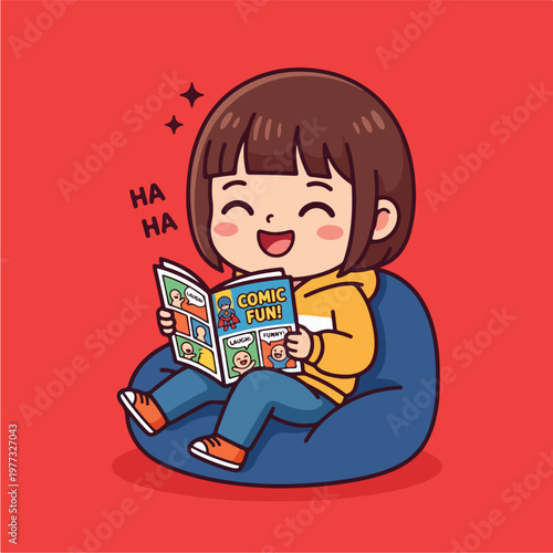 Girl Reading Comic Book Laughing.