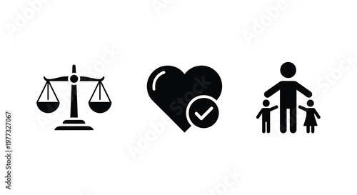 Scales of justice a heart and a family in black silhouette