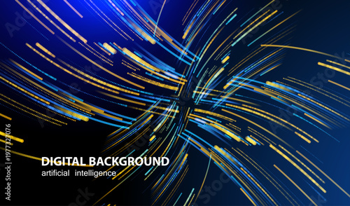 Technology Artificial Intelligence banner with perspective dotted lines. Ai big data stream lines waves on blue background. Futuristic network connect vector speed blurred design.