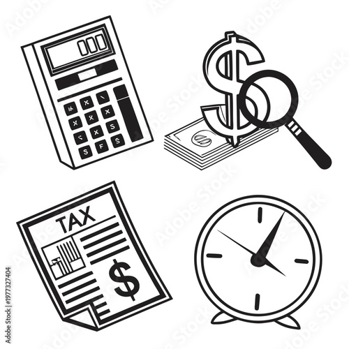 A black and white vector graphic illustration of tax and finance icons including a calculator, clock, money, and tax form.