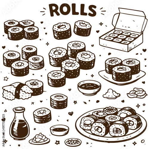 Rolls sushi doodle set japanese food maki nigiri soy sauce illustration
