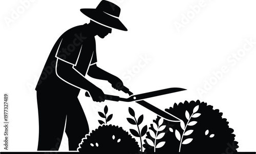 Gardener trimming bushes with hedge shears silhouette, gardening and landscaping concept, worker maintaining plants, minimal black and white illustration for outdoor maintenance design