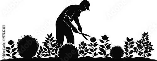 Gardener trimming plants silhouette, gardening and landscaping concept, outdoor work, plant care and maintenance, nature hobby, minimal black and white illustration design