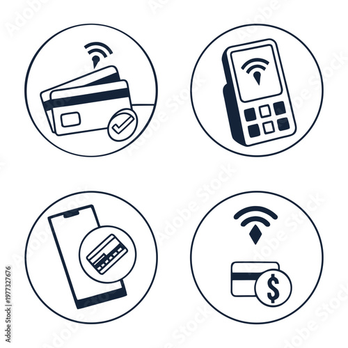 A set of four icons representing mobile payment methods with wireless connectivity