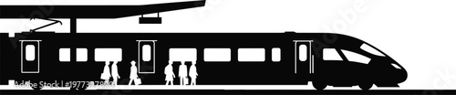 High speed passenger train silhouette at platform with people boarding, modern railway transport concept, urban transit and travel, vector illustration isolated on white background
