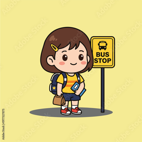 Little girl at bus stop.