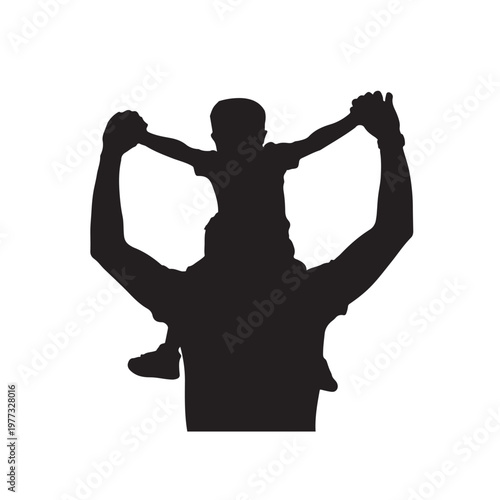 Silhouette of a father carrying his son on his shoulders with arms outstretched in a joyful father-son bonding moment