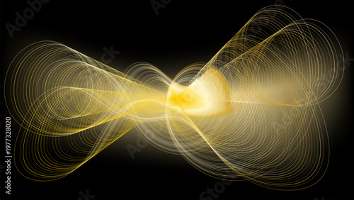 Dynamic swarm of fine luminous golden lines. Gold lines interweave connected by brilliant, concentrated central light source, resembling cosmic butterfly, sound wave, or quantum energy field.