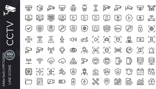 A collection of line icons depicting various security and surveillance concepts, including CCTV cameras and alarm systems. Ai, eps, jpg, transparent background, png