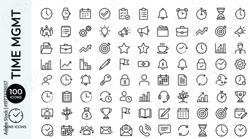 A collection of line icons for time management and productivity on a white background Ai, eps, jpg, transparent background, png