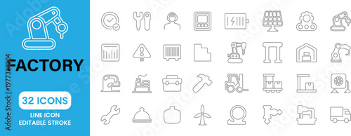 Factory Line Icons Set Industry Manufacturing Production Machine Engineering Outline Icons Collection UI UX Web App Editable Stroke
