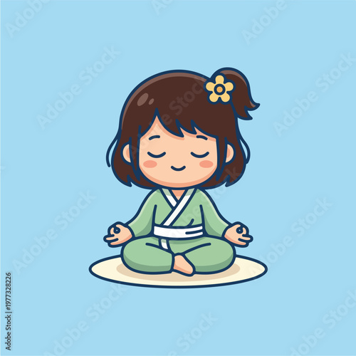 Little Girl Meditating in Kimono.
