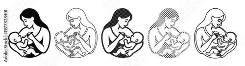 Breastfeeding mother icons set, minimalist line art of woman nursing infant, maternal healthcare vector graphics, 5 variations of mother and baby