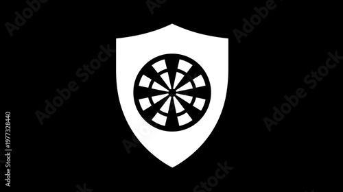 A white shield featuring a black and white dartboard with a black background