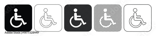Disabled access wheelchair icons set, handicap accessibility symbols in black and white, 5 vector signs for inclusive public navigation