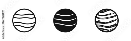 Striped Gas Giant Planet Icons Set in Outline Solid and Hand Drawn Styles for Astronomy Themes