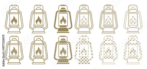 Vintage camping lantern vector icons, set of 12 rustic oil lamp silhouettes, brown kerosene lantern line art for outdoor adventure branding