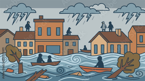 Flood disaster striking a town with heavy rain, people on rooftops and in boats