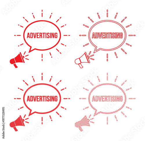 Red advertising megaphone icons with speech bubbles, marketing announcement bullhorn vector set, promotional broadcast symbols for business