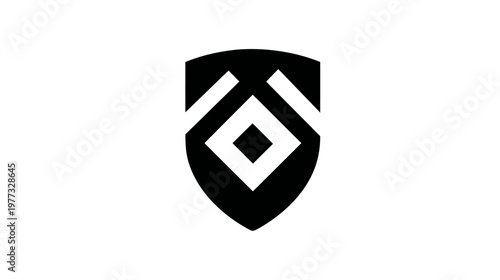 A stark black shield logo with internal white geometric shapes. Its design is clean and symmetrical