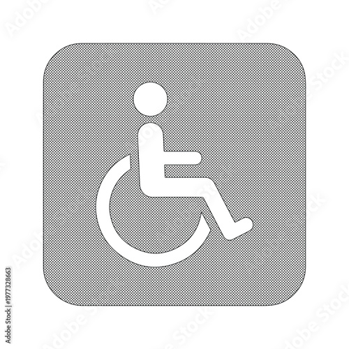 Disabled handicap wheelchair icon, white accessibility symbol on grey square background, universal medical access sign for public facilities