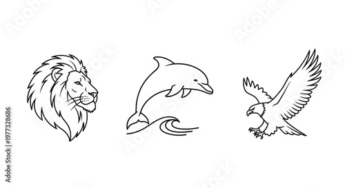 Line art depictions of a lion dolphin and eagle silhouette