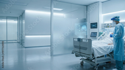 Healthcare worker in protective gear attending patient in modern hospital room