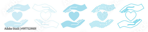 Light blue heart in hands icon set, charity and care symbols in various graphic styles, 5 vector elements for healthcare and social support
