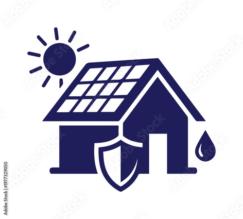 Solar house icon with shield and sun, sustainable home energy protection vector, renewable residential power system illustration